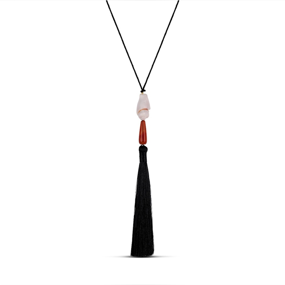Boho Black Tassel Necklace with Shell and Wood Beads